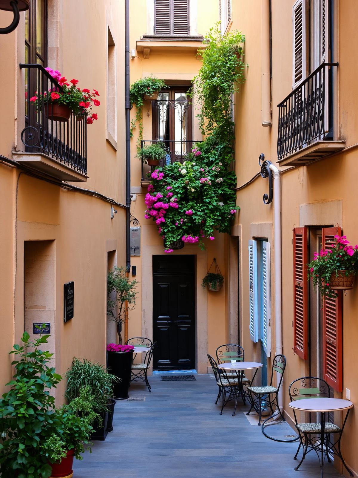 A flower-filled baroque side street with café tables in Noto