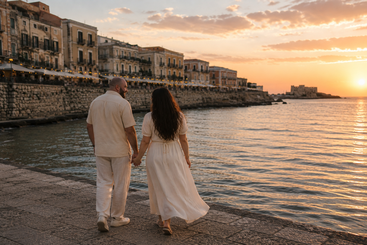 Jaime and Nolan walking hand in hand along the Sicilian waterfront at golden hour