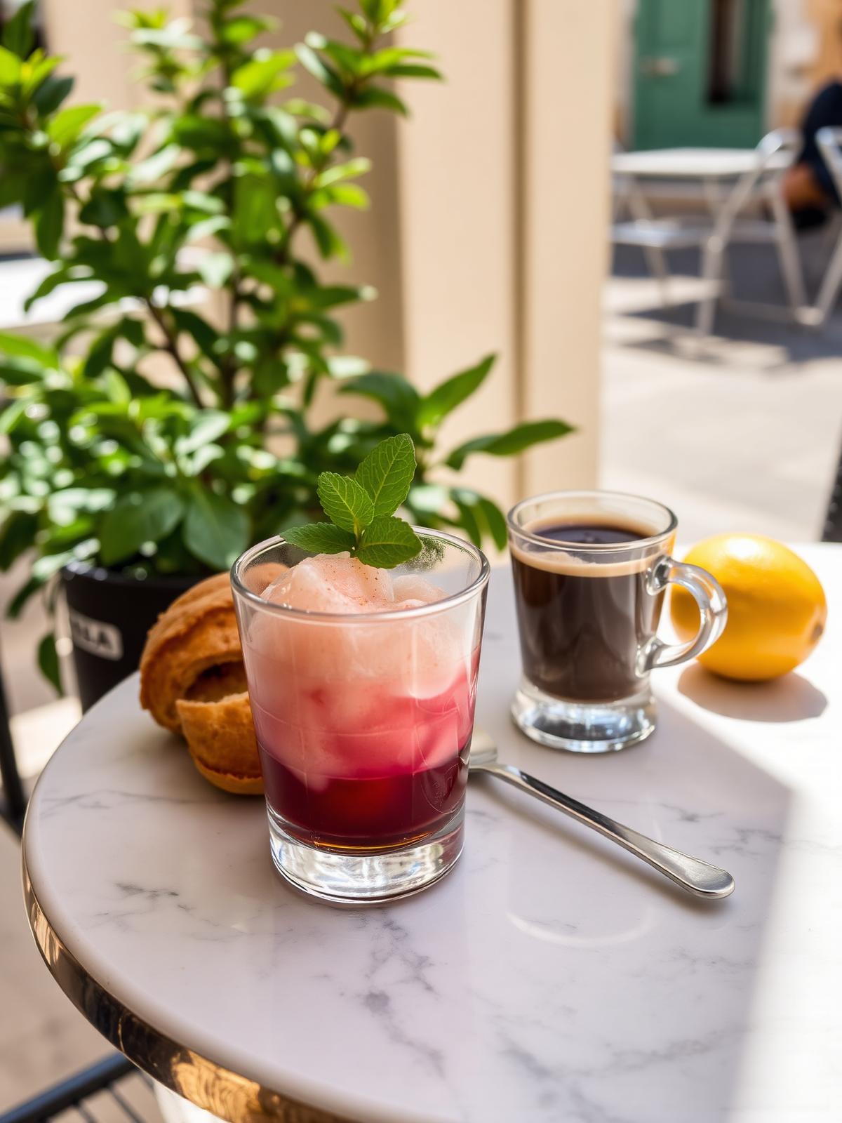 Sicilian granita with brioche and espresso on a marble café table